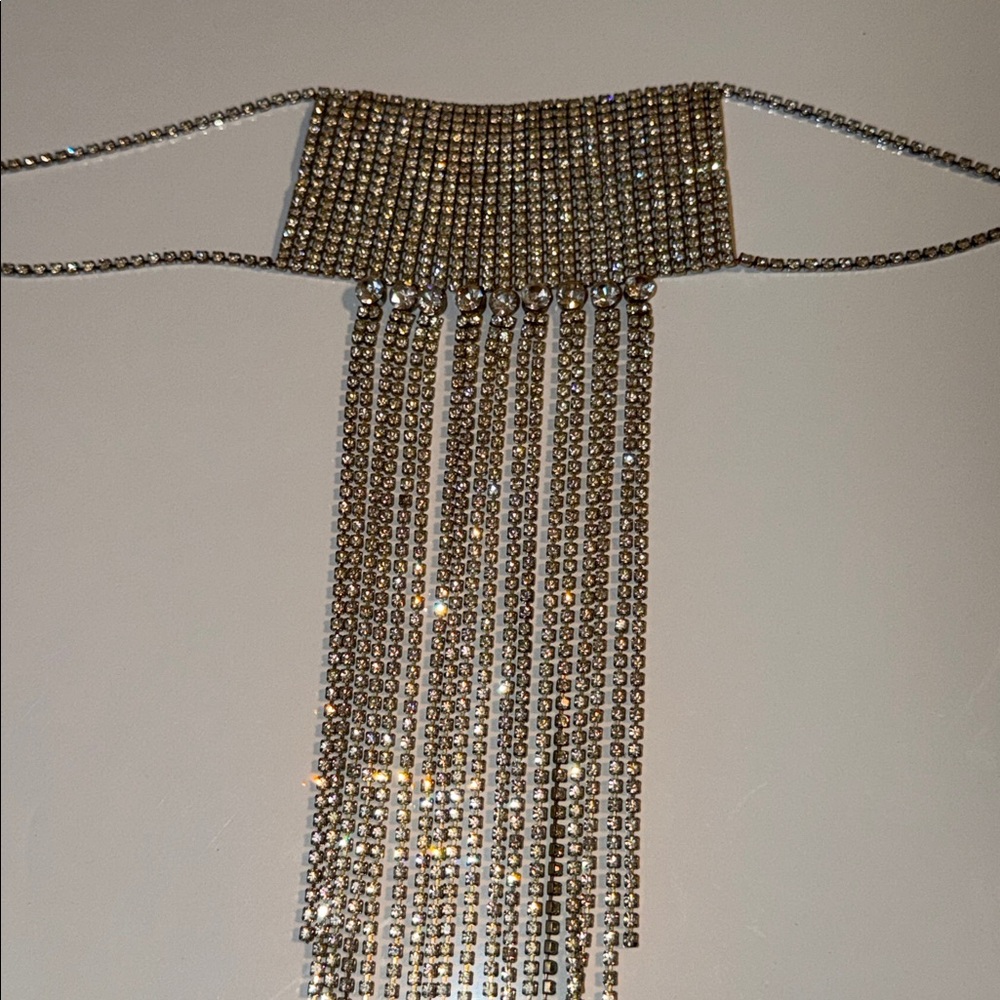 Silver Chain Fringe Necklace Chocker with Multiple Chains and Rhinestones. 23” - Picture 4 of 10